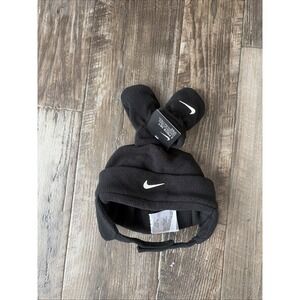 NIKE Baby Infant Black Trapper Hat Mittens 2 Pc Set Fleece Chin Strap 12/18